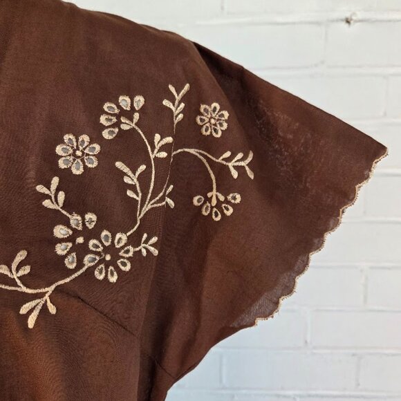 Vintage Chocolate Brown Embroidered Linen Shift Dress with Buttons & Tie Accent - Picture 8 of 13